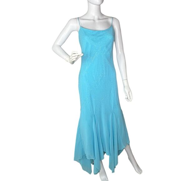 Vintage Size L Maxi Prom Slip Dress Sparkle Fairy Whimsy Blue Handkerchief Hem - Picture 2 of 9
